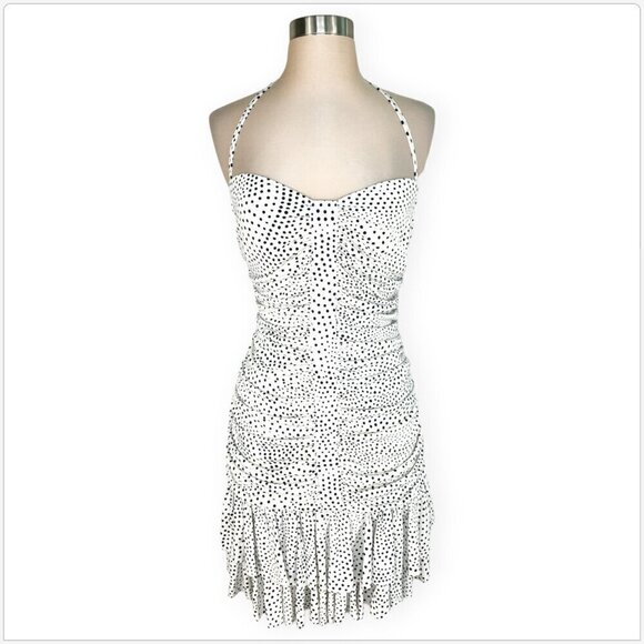 Jessica McClintock Vintage Ivory Navy Blue Polka Dot Ruched Halter Party Dress 8 - Picture 1 of 4